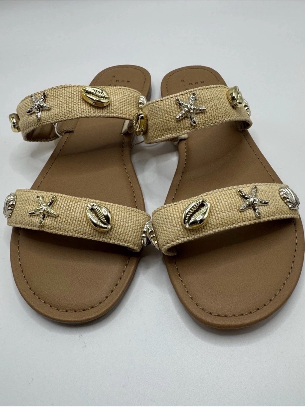 💜A new Day Women's Kiera Embellished Slides Shell Starfish Accents  Size:8.5